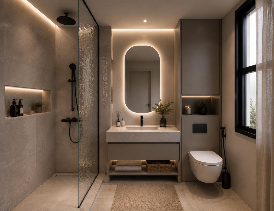 Salle de bain avec douche vitrée — Résidence OBIOTHAN